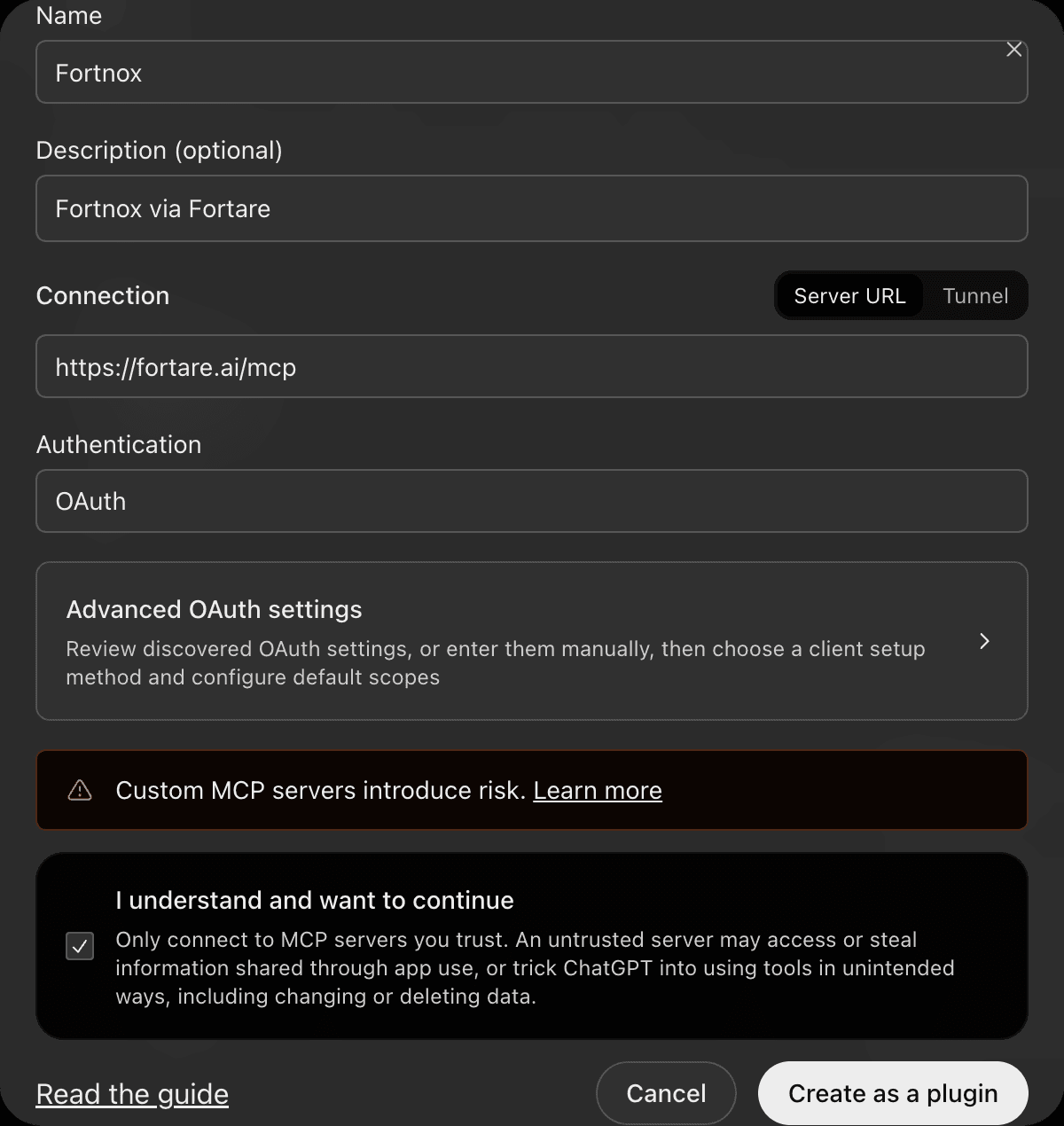 Formuläret Add custom MCP server ifyllt med namnet Fortnox och adressen https://fortare.ai/mcp